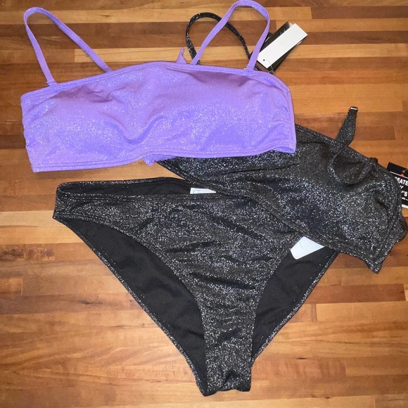 CALIFORNIA WAVES Juniors' Metallic Shine 3pc bikini set black/purple large - Picture 1 of 12